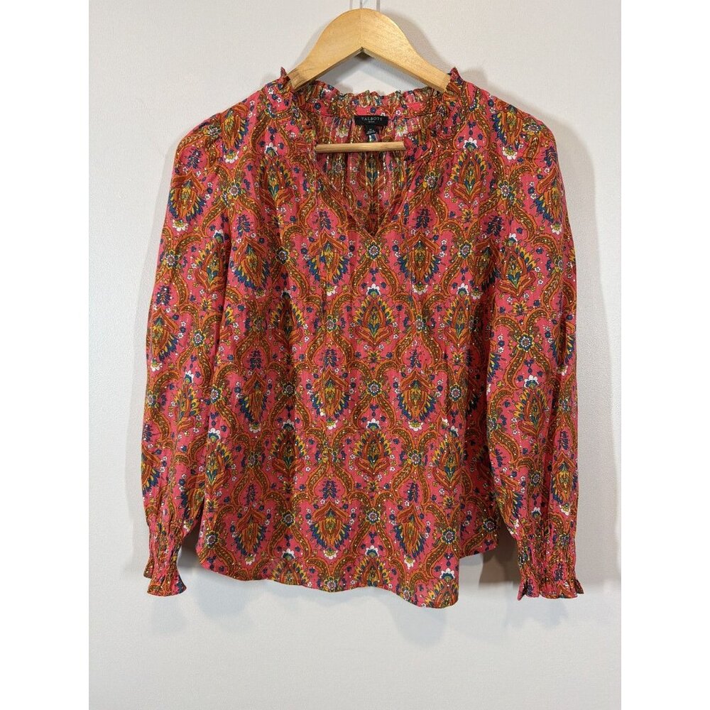 Talbots Petite SP Pink Paisley Floral Metallic Long Sleeve Ruffle Blouse Top - Picture 2 of 8